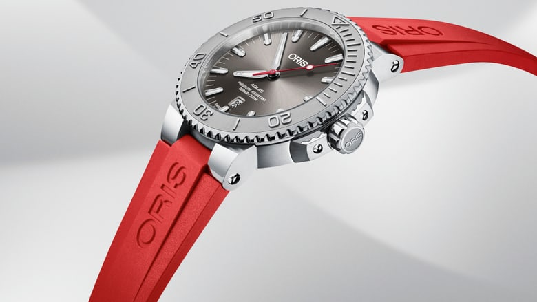 Oris Aquis Date Relief 43.5mm Watch with Grey Dial & Red Rubber Strap - view 2