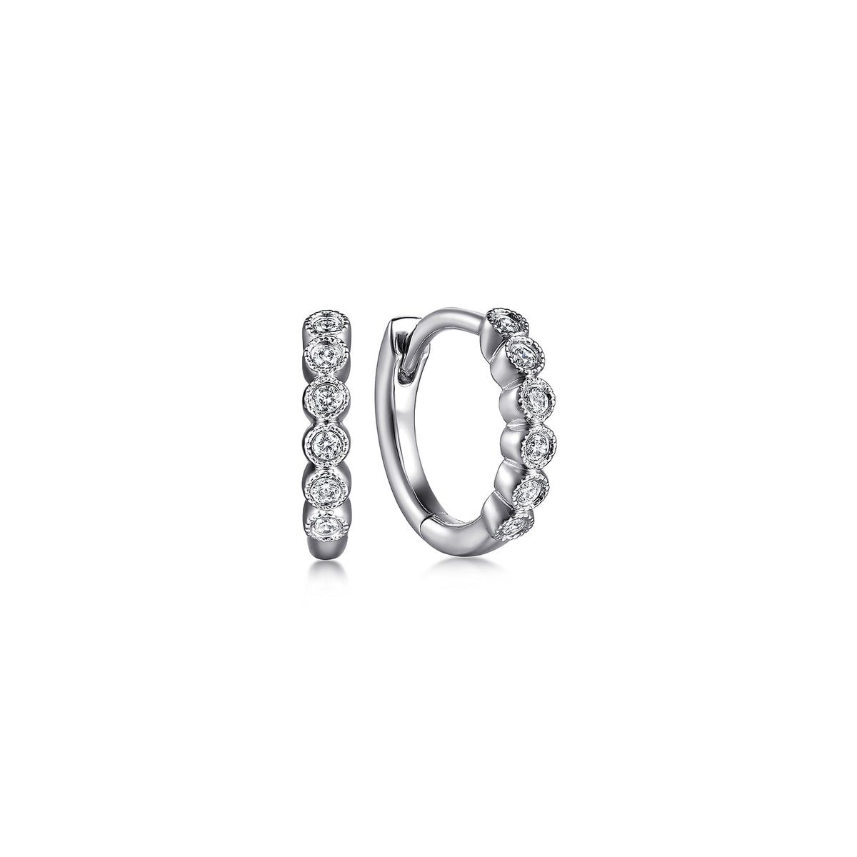 Gabriel & Co. 14K White Gold Diamond Huggie In 12mm with Bezel Set and Milgrain