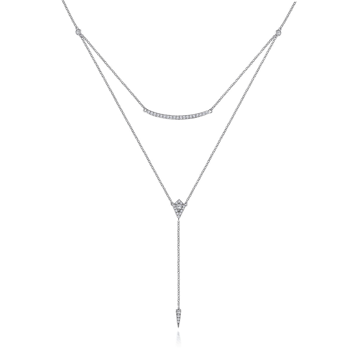 Gabriel & Co. 14K White Gold Layered Curved Bar and Diamond Drop Y Necklace
