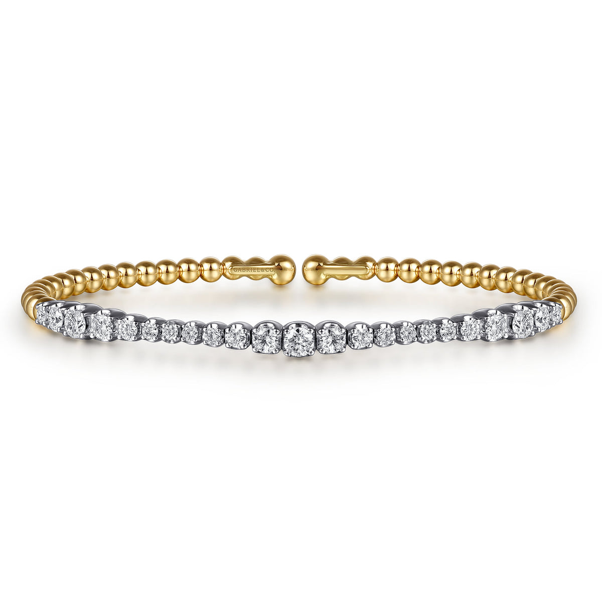 Gabriel & Co. 14K White Yellow Gold Bujukan Beads and Graduating Diamond Split Bangle Bracelet