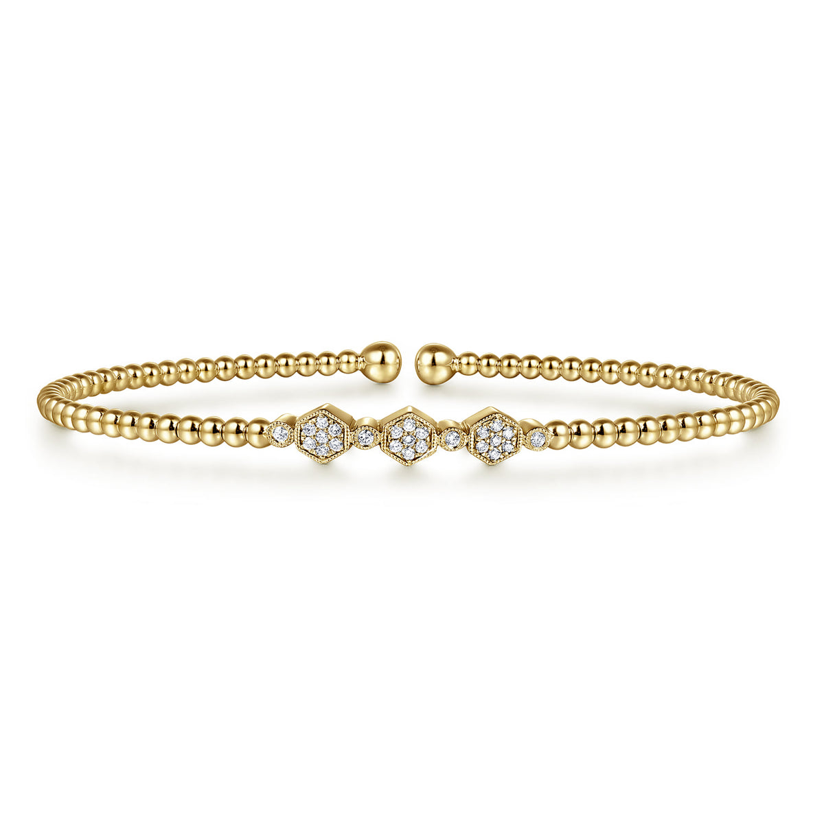 Gabriel & Co. 14K Yellow Gold Bujukan Bead and Hexagon Cluster Diamond Bangle