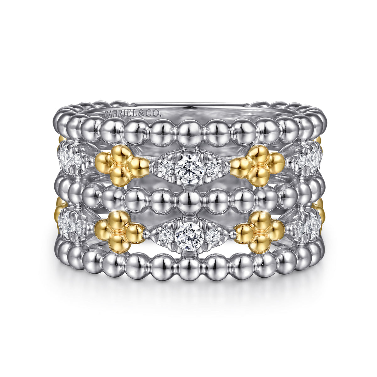 Gabriel & Co. 14K Yellow Gold and 925 Sterling Silver Bujukan White Sapphire Wide Band Ring