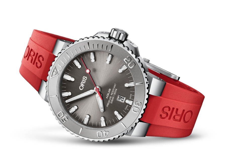 Oris Aquis Date Relief 43.5mm Watch with Grey Dial & Red Rubber Strap