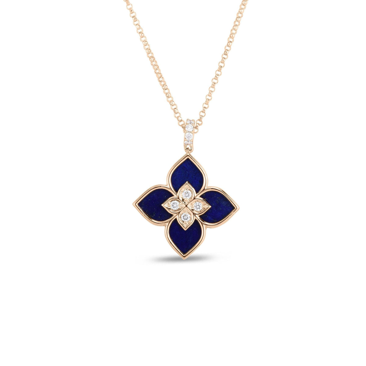 Roberto Coin Venetian Princess 18K Rose Gold Lapis & Diamond Flower Necklace (7773195AX17XL)