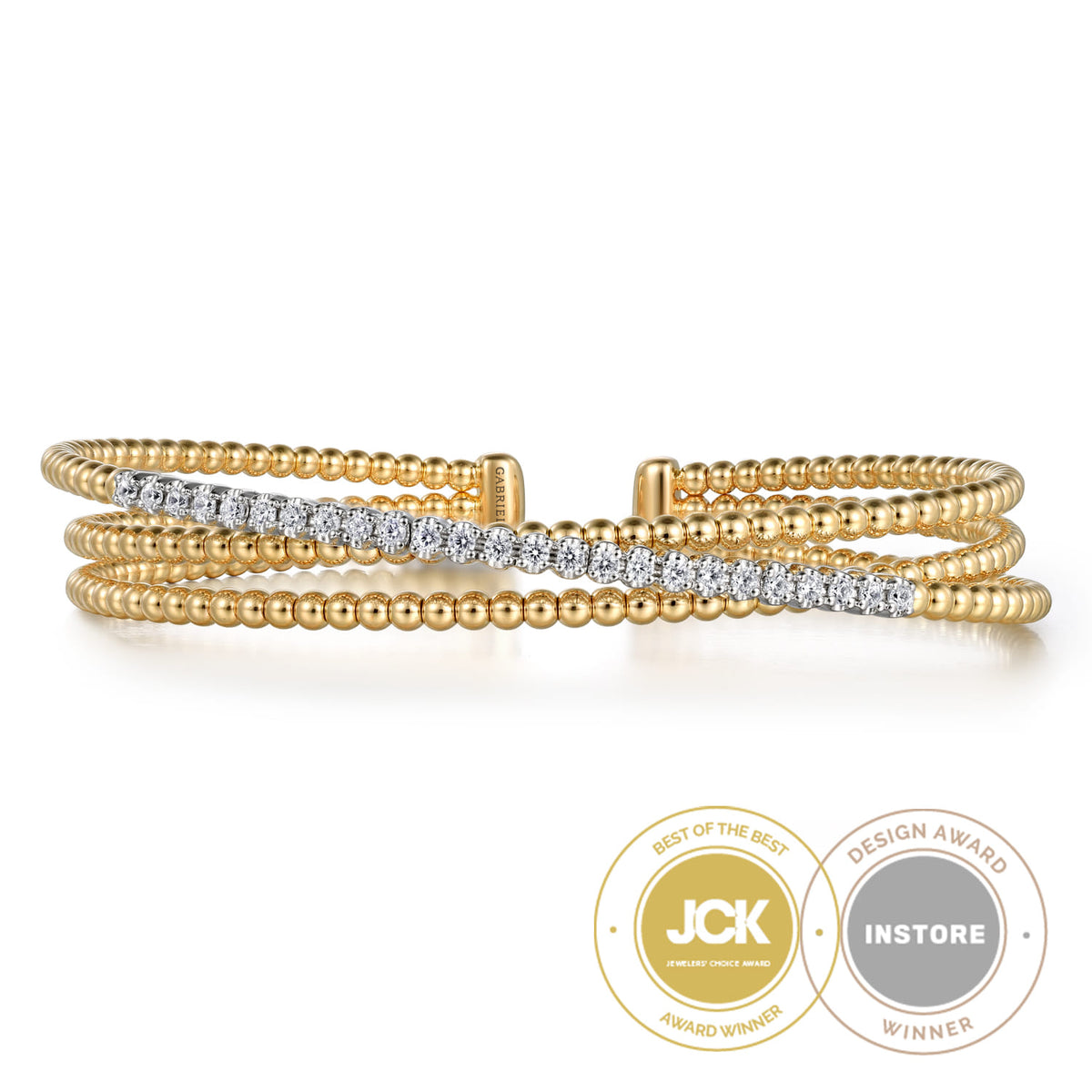 Gabriel & Co. Beaded Bangle Bracelet Cuff 14K White and Yellow Gold Diamond 0.35ct Bujukan