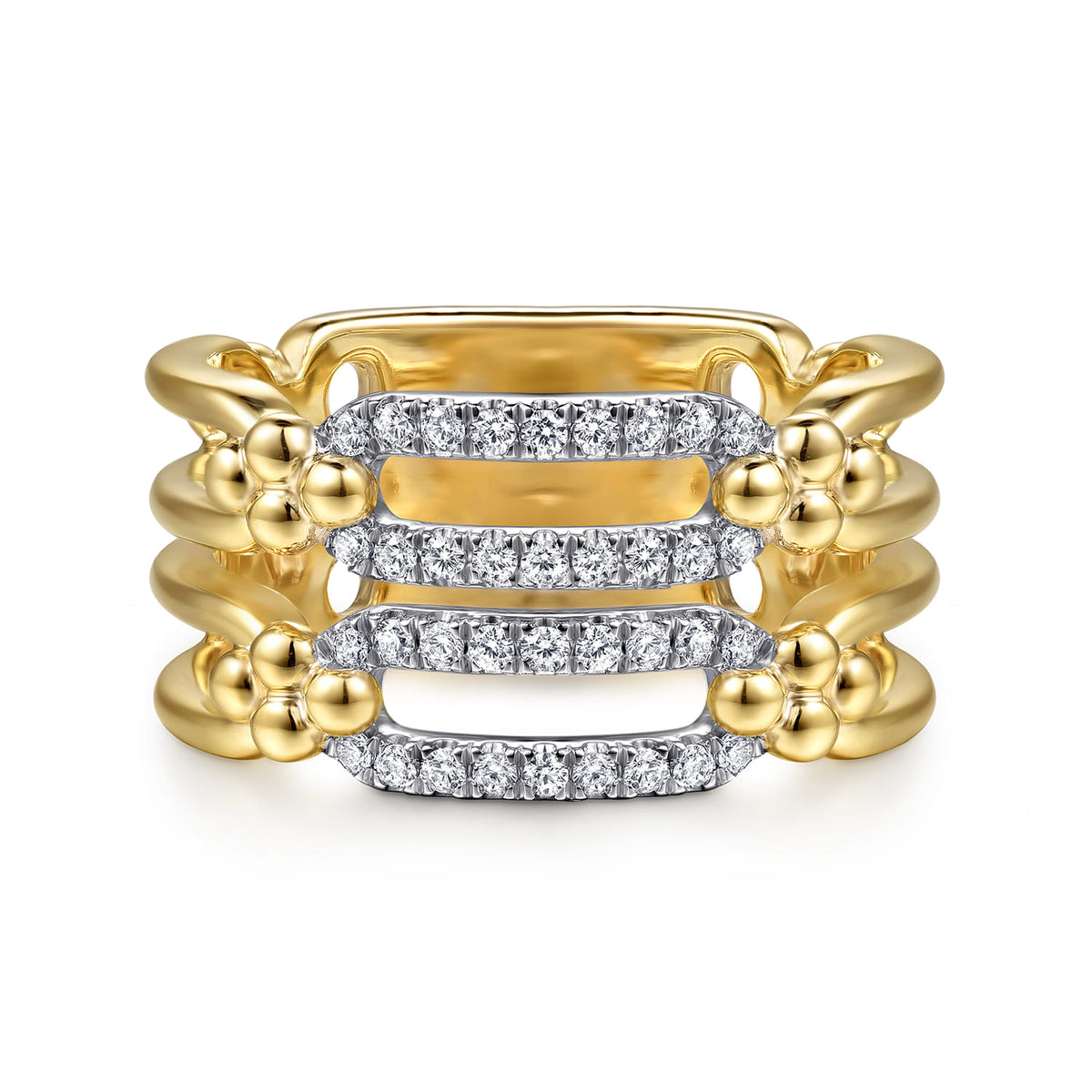 Gabriel & Co. Bujukan Clover 14K White Yellow Gold Bujukan and Diamond Link Wide Band Ring