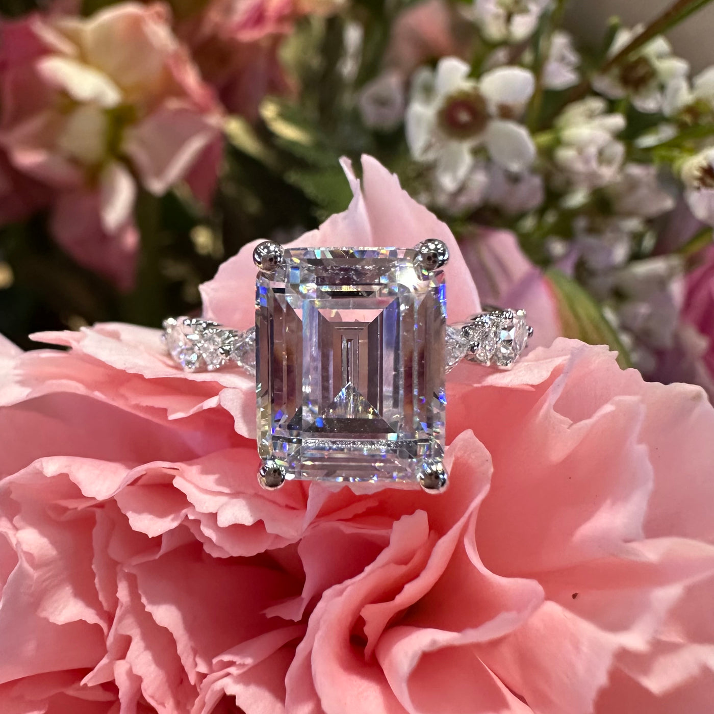 Simon G LR4007 Emerald Side Stone Engagement Ring