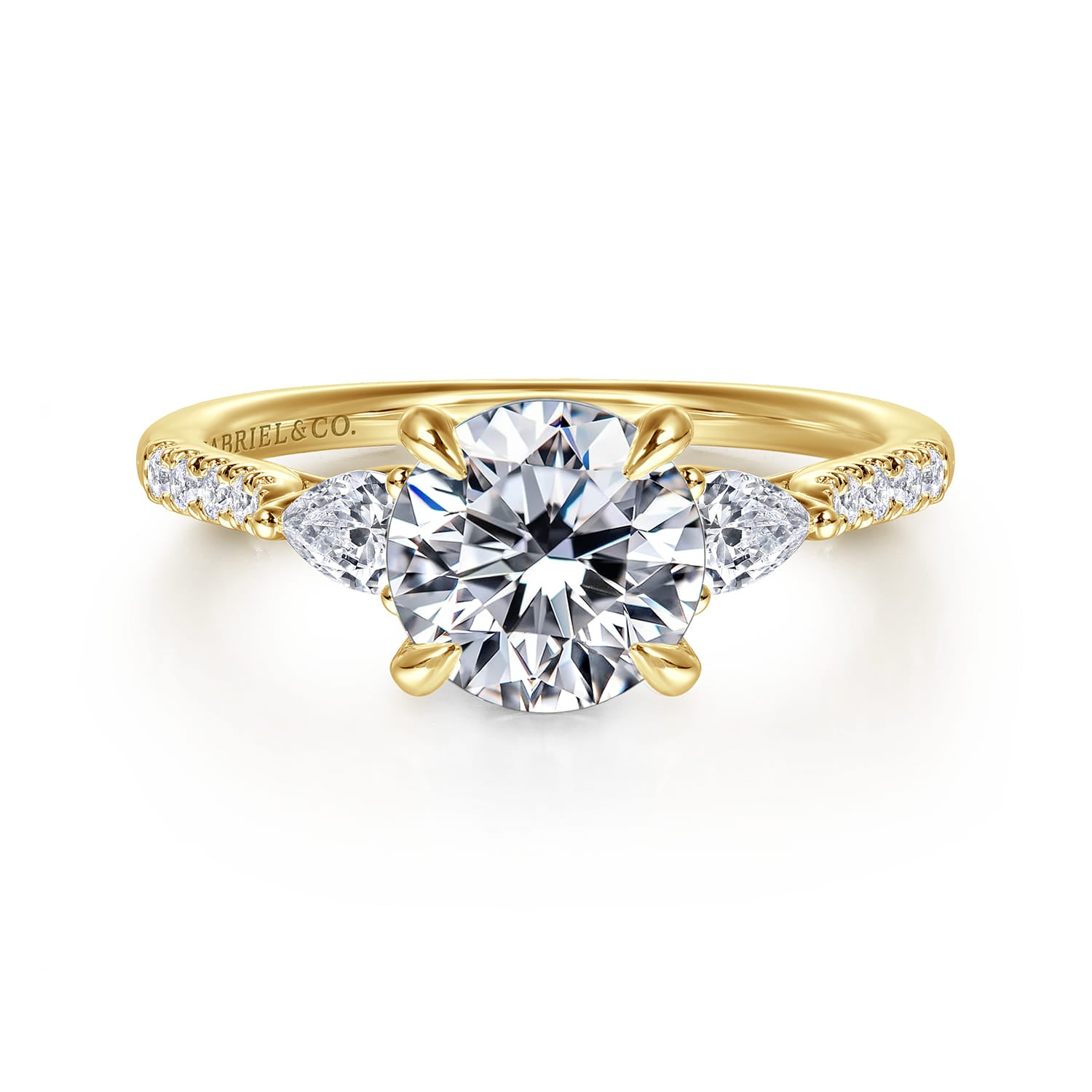 Gabriel & Co. 14k Yellow Gold Round Three Stone Lotus Diamond Engagement Ring, ER16486R6Y44JJ