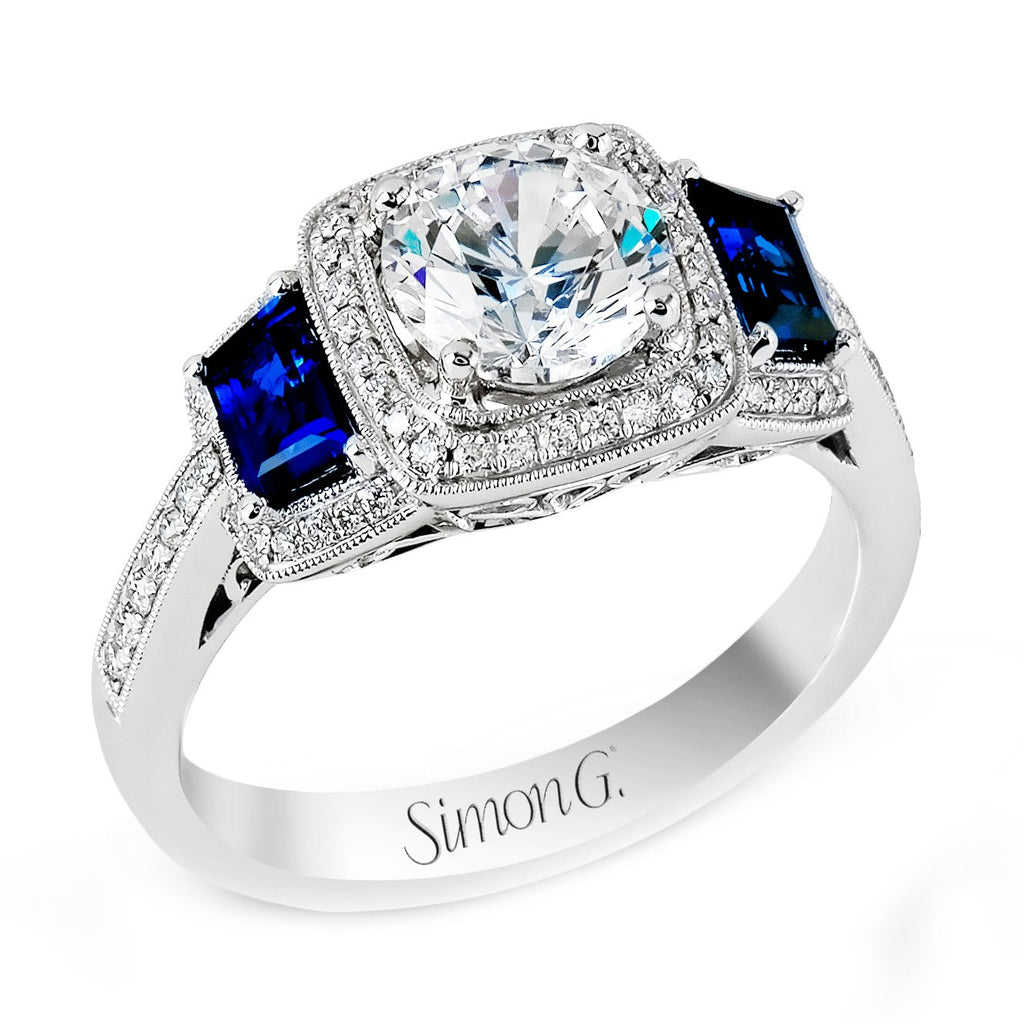 Simon G MR2247-A Round-Cut Three-Stone Halo Engagement Ring in 18k Gold with Diamonds & Sapphires