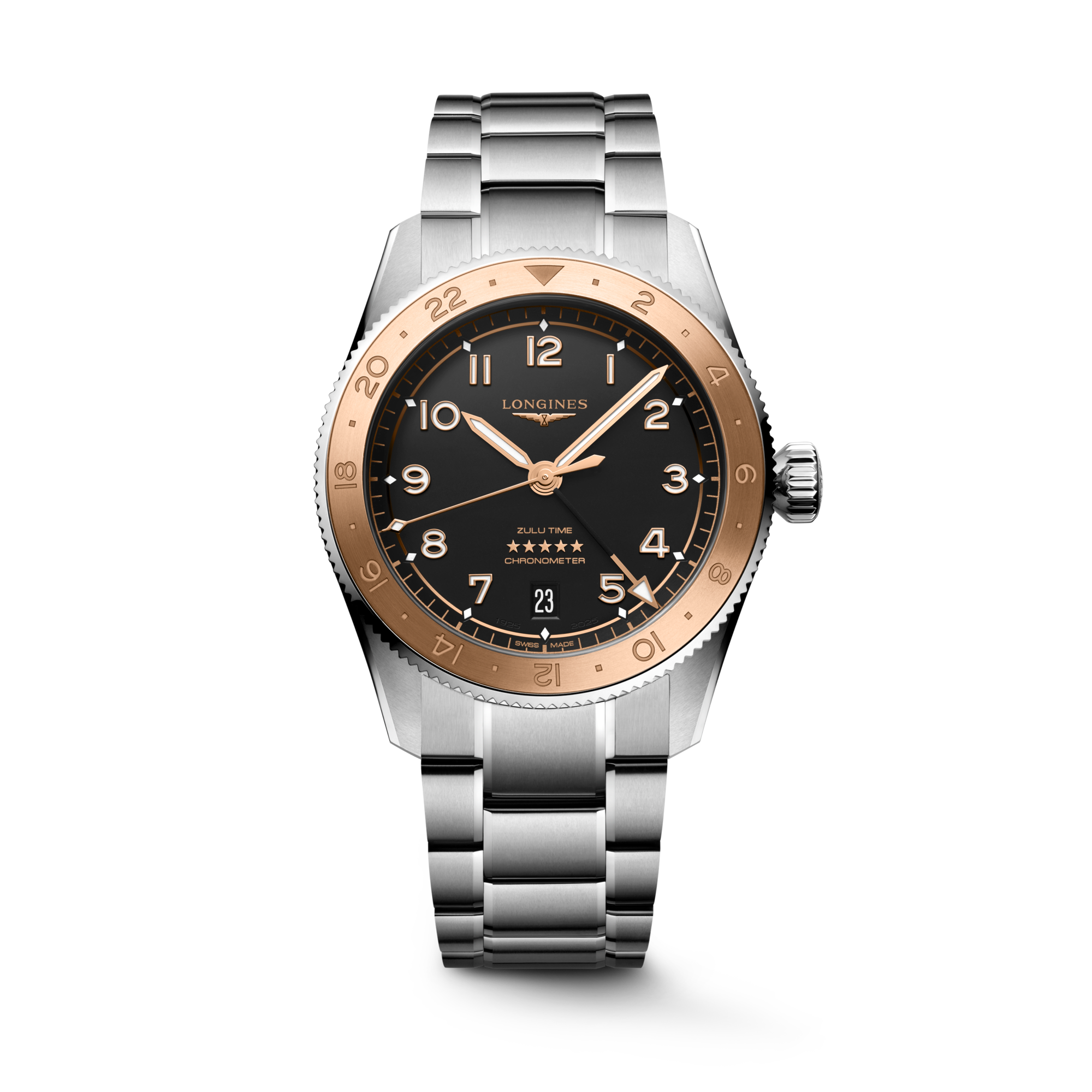 Longines Spirit Zulu Time 1925 39mm Watch with 18K Rose Gold Bezel