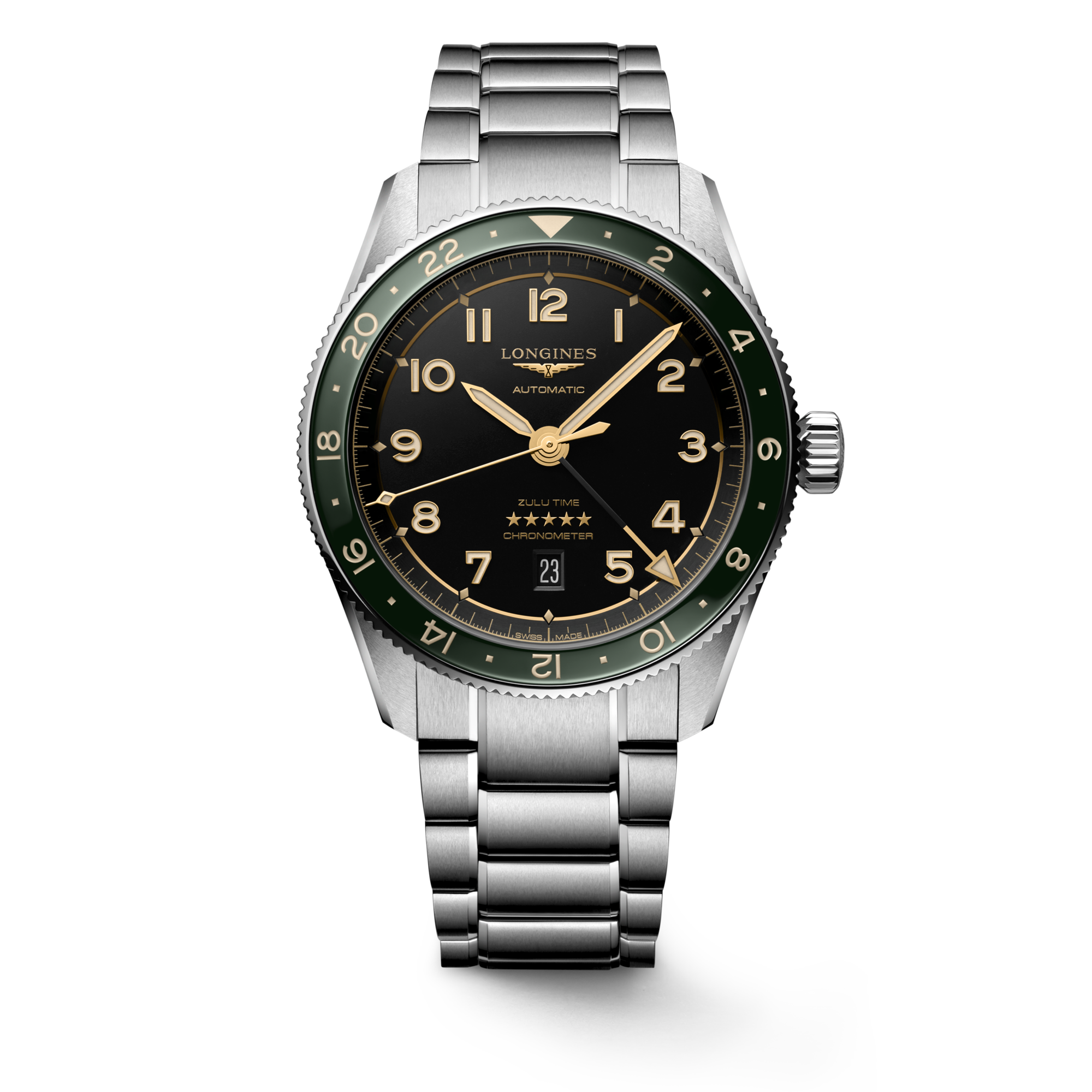 Longines Spirit Zulu Time 42mm Green Bezel Black Dial L3.812.4.63.6