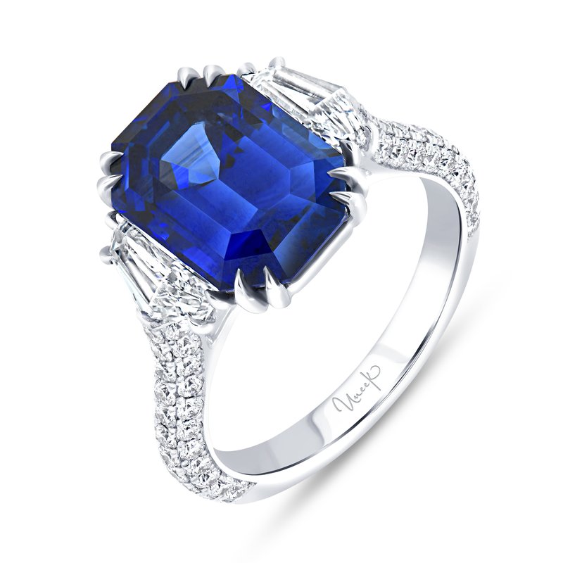 Uneek Platinum Three-Stone Emerald Cut Sapphire Ring LVS1022ECBSU