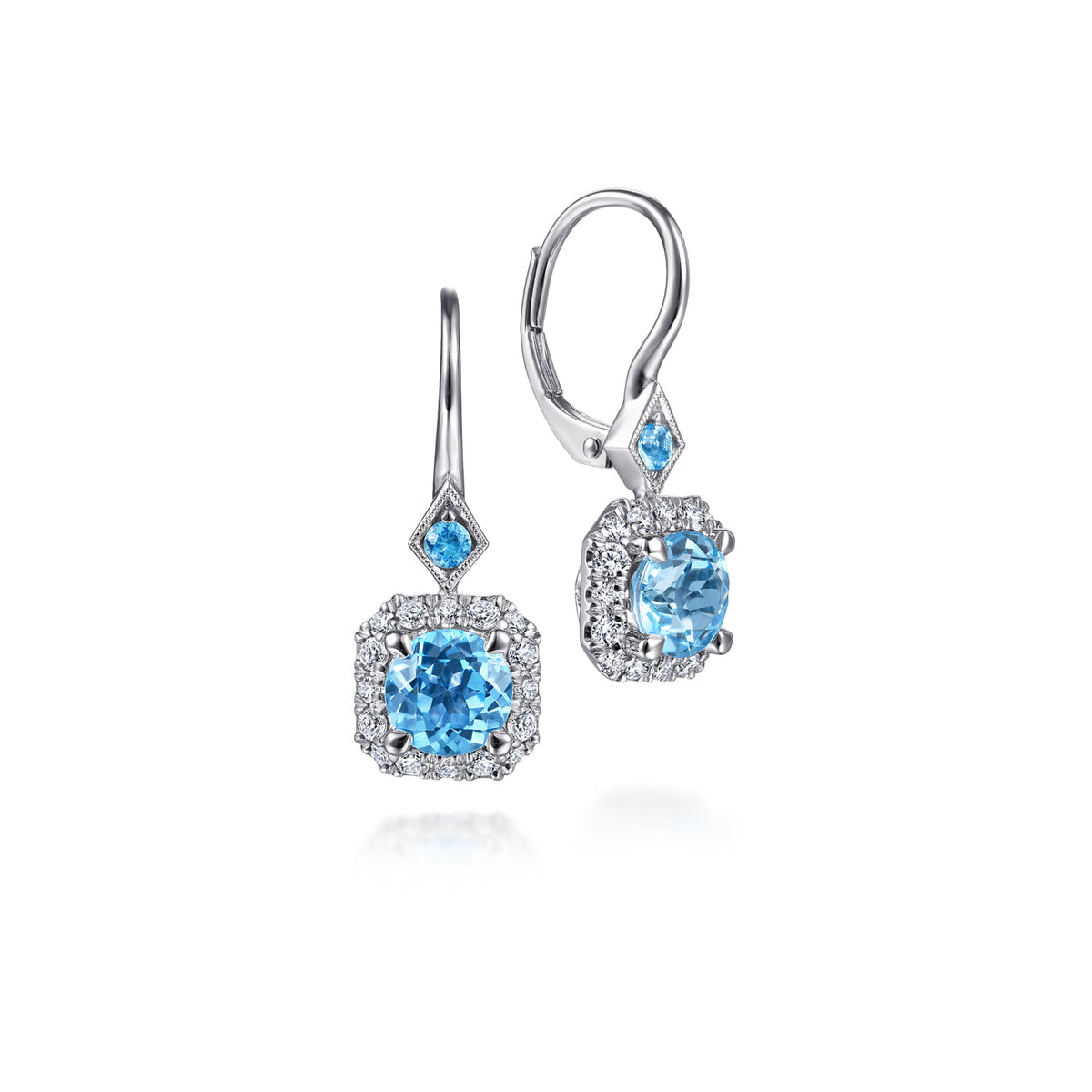 Gabriel & Co. 14K White Gold Swiss Blue Topaz with Diamond Halo Leverback Earrings