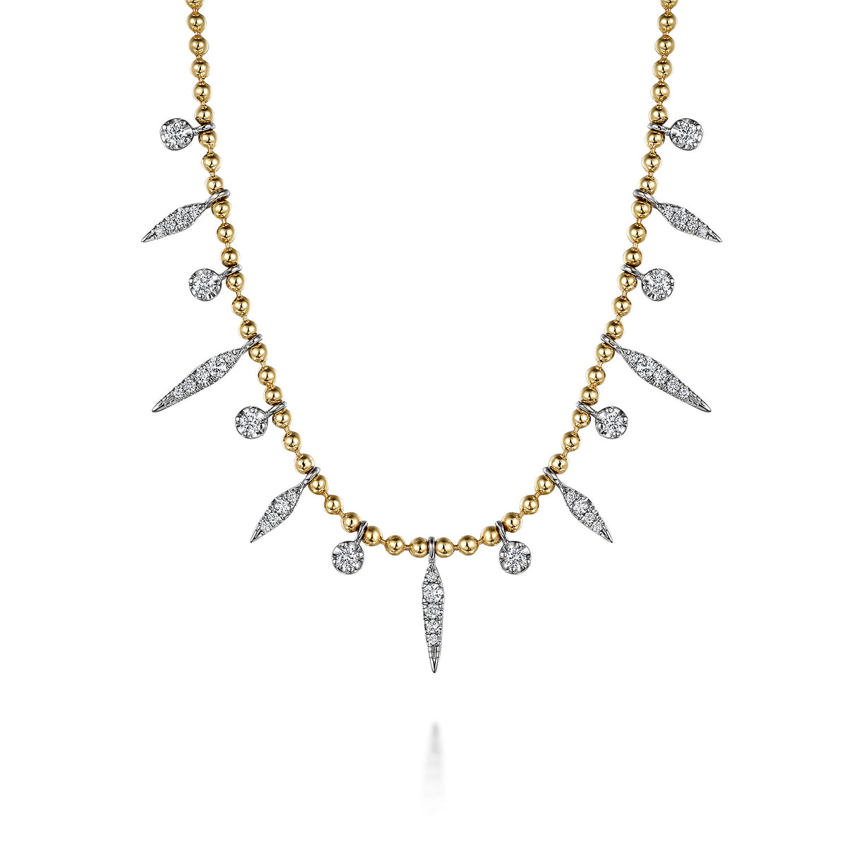 Gabriel & Co. 14K White and Yellow Gold Bead Chain and Diamond Droplet Necklace