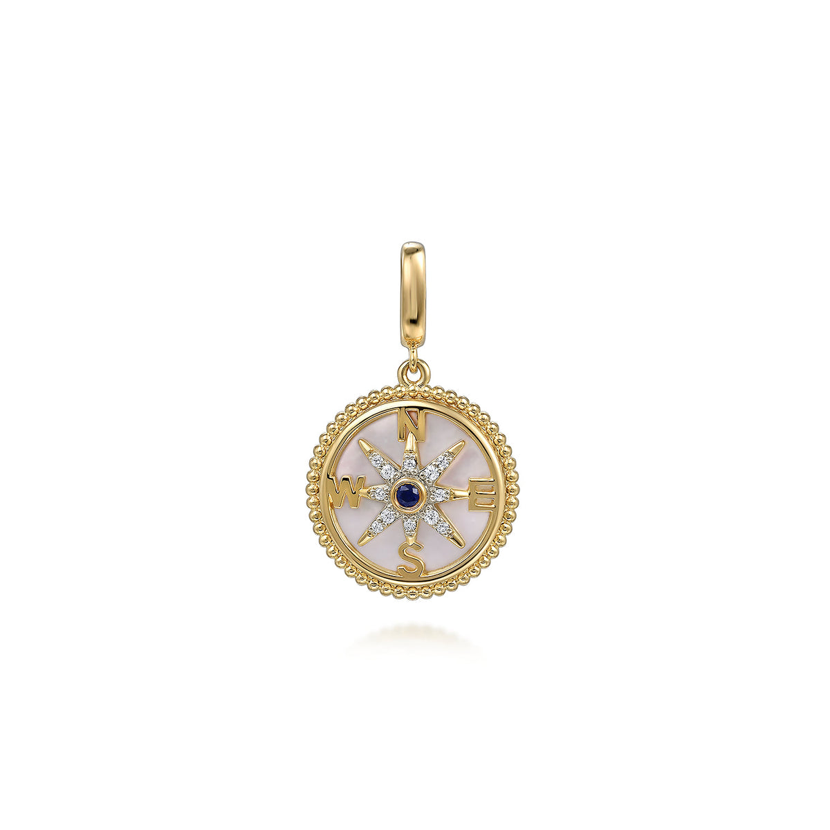 Gabriel & Co. 14K Yellow Gold 18mm Bujukan Diamond Compass Mother of Pearl Medallion Pendant with Detachable Bail