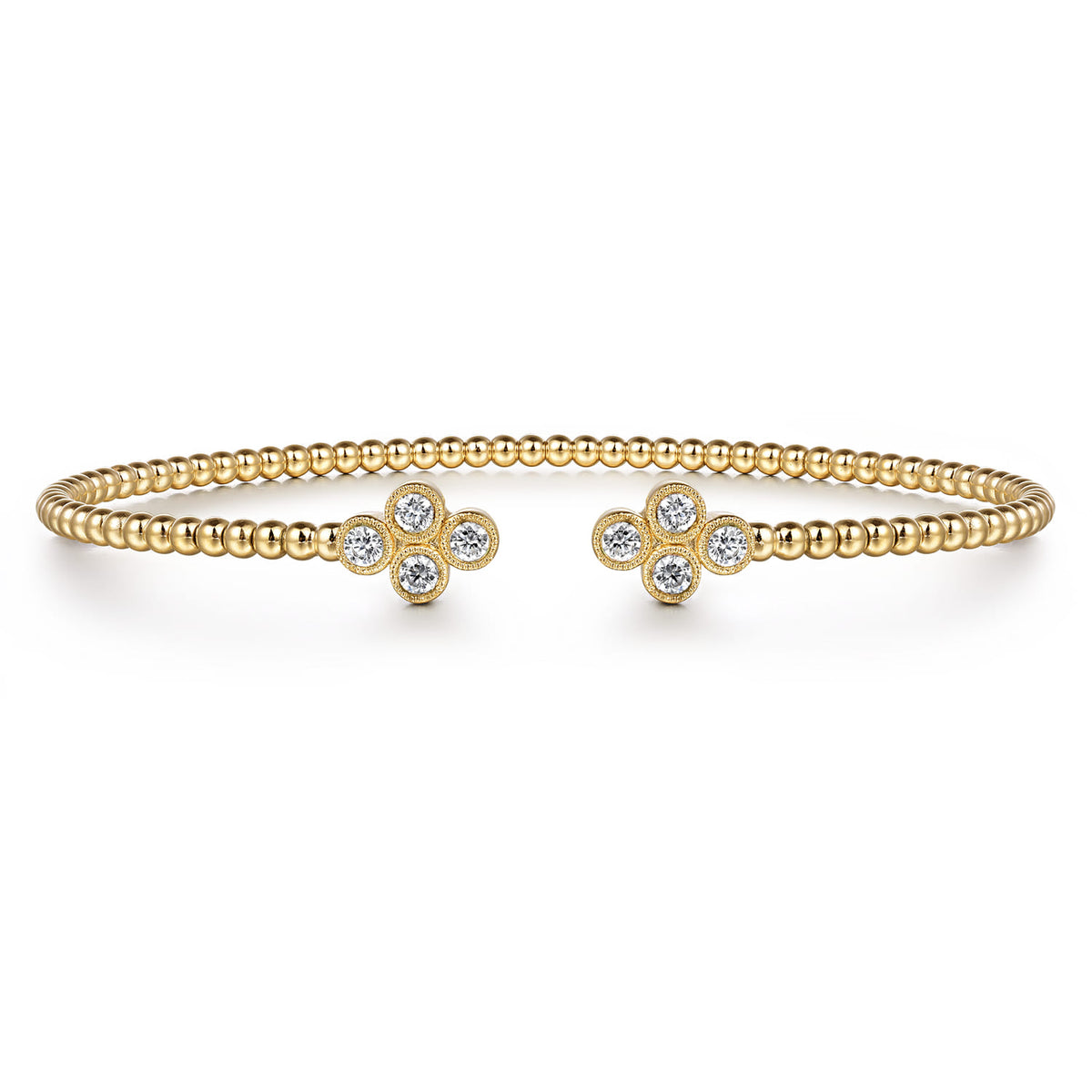 Gabriel & Co. 14K Yellow Gold Bujukan Bead Split Cuff Bracelet with Quatrefoil Diamond Endcaps
