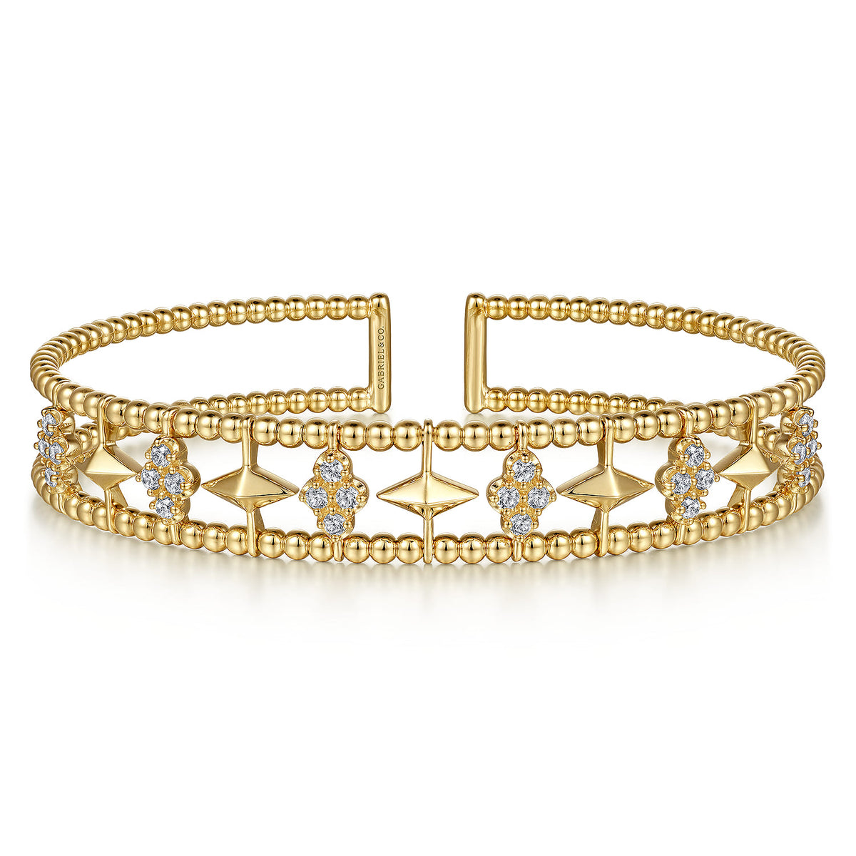 Gabriel & Co. 14K Yellow Gold Bujukan Diamond Cluster and Gold Pyramid Cuff Bangle