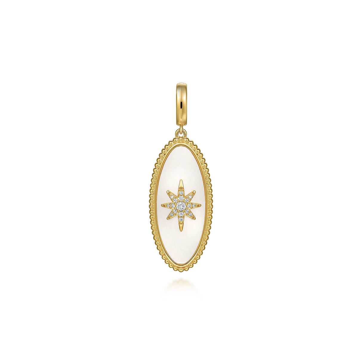 Gabriel & Co. 14K Yellow Gold Diamond and White Mother of Pearl Bujukan Oval Shape Medallion Pendant with Detachable Bail