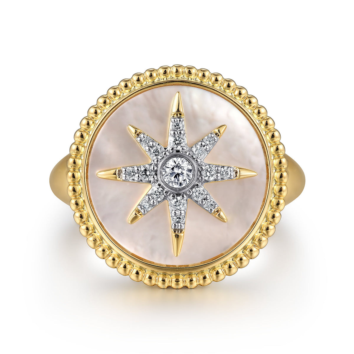 Gabriel & Co. 14K Yellow Gold Mother of Pearl Inlay and Diamond Starburst Signet Ring