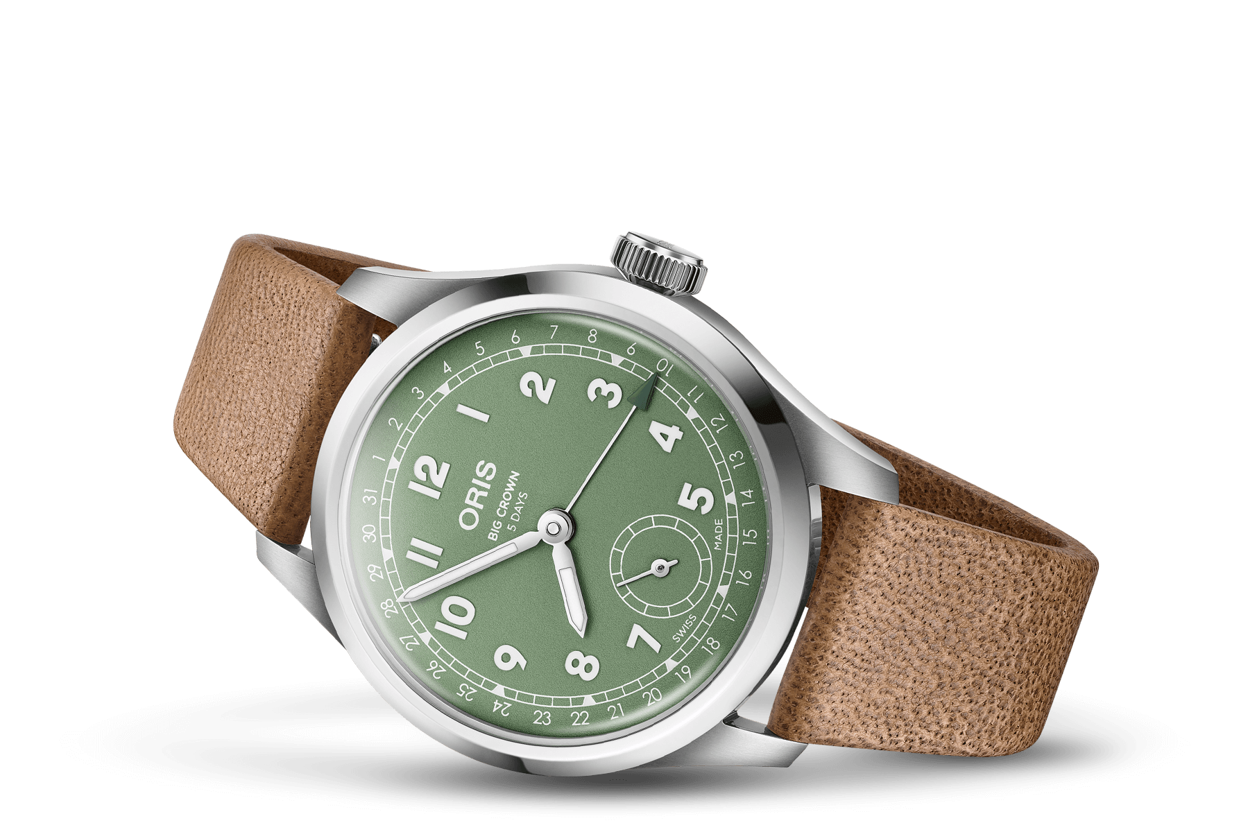 Oris Big Crown Calibre 403 40mm Watch with Green Dial & Light Brown Strap