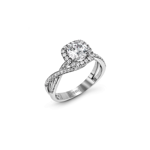 Simon G MR1394-A Halo Engagement Ring in 18k White Gold with Diamonds