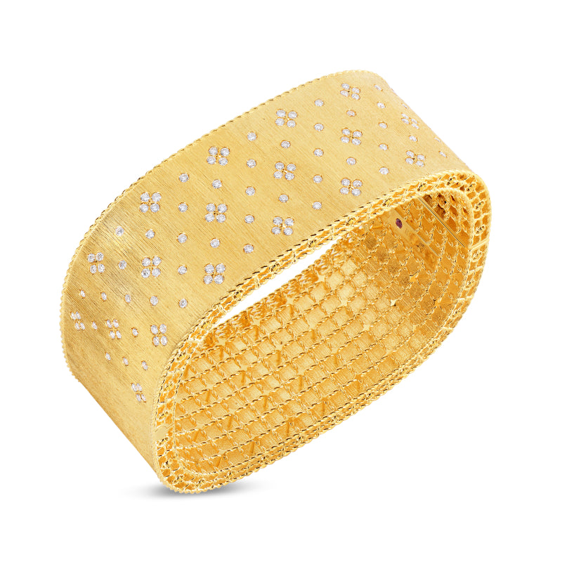 Roberto Coin 18K Gold Satin Finish Wide Bangle Wit Fleur De Lis Diamonds
