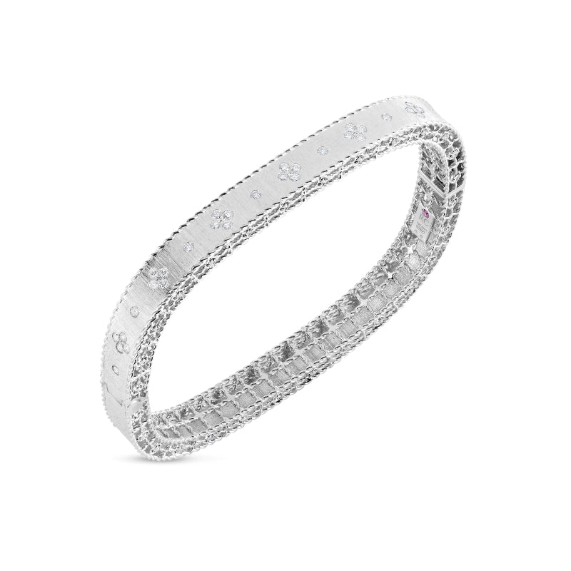 Roberto Coin Satin Finish Slim Bangle With Fleur De Lis Diamonds - 18K White Gold