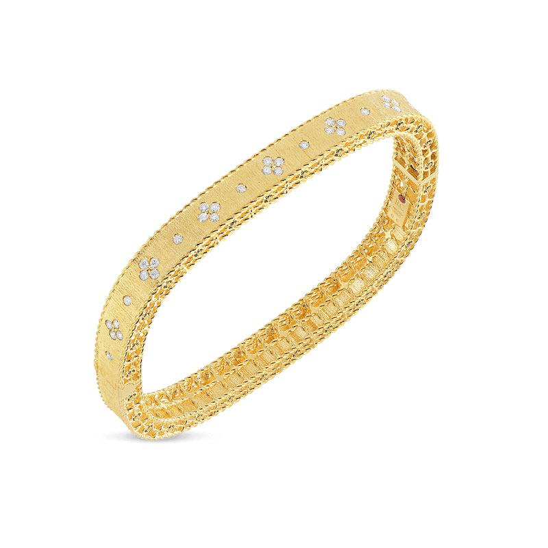 Roberto Coin Satin Finish Slim Bangle With Fleur De Lis Diamonds - 18K Yellow Gold