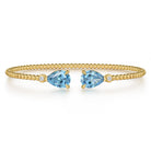 Gabriel & Co. Beaded Open Bangle Bracelet 14K Yellow Gold Diamond and Blue Topaz 0.07ct Bujukan