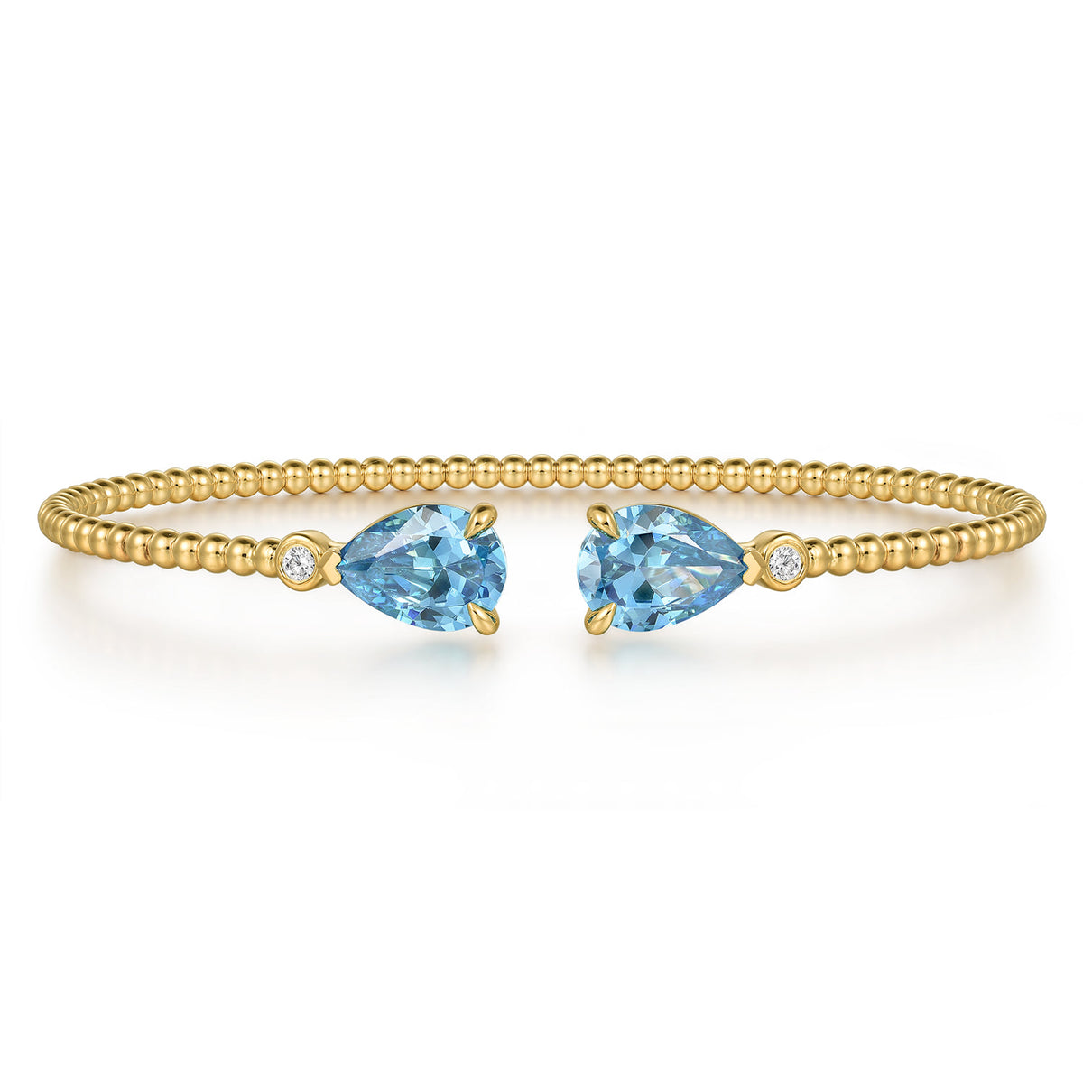 Gabriel & Co. Beaded Open Bangle Bracelet 14K Yellow Gold Diamond and Blue Topaz 0.07ct Bujukan