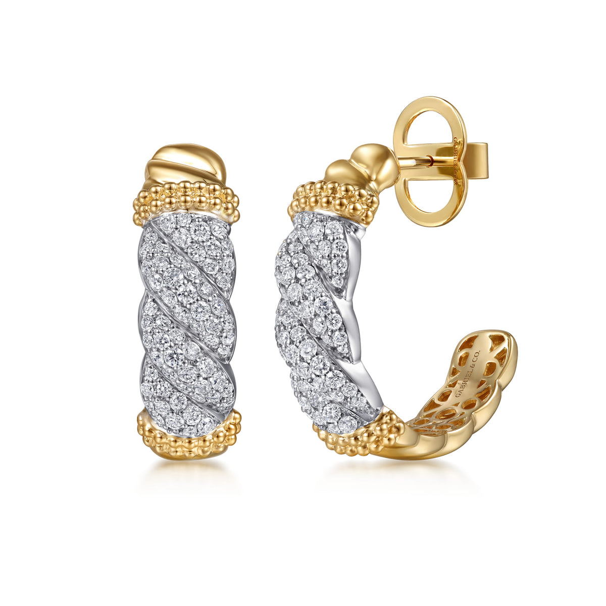 Gabriel & Co. Bujukan Pave   14K White Yellow Gold Bujukan Diamond J Hoop Stud Earrings