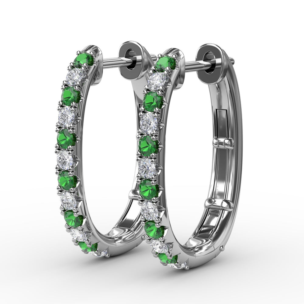 Fana 14k White Gold Alternaing Emerald and Diamond Hoop Earrings
