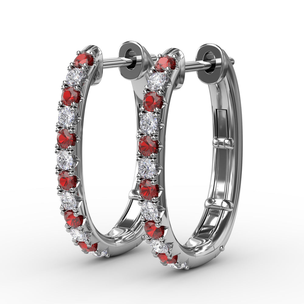 Fana 14k White Gold Alternaing Ruby and Diamond Hoop Earrings