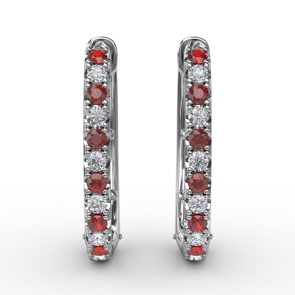 Fana 14k White Gold Alternaing Ruby and Diamond Hoop Earrings