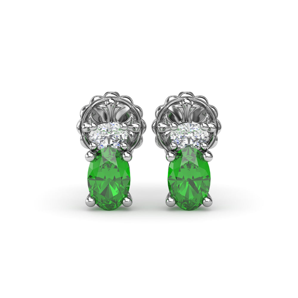 Fana 14k White Gold Oval Emerald and Diamond Stud Earrings