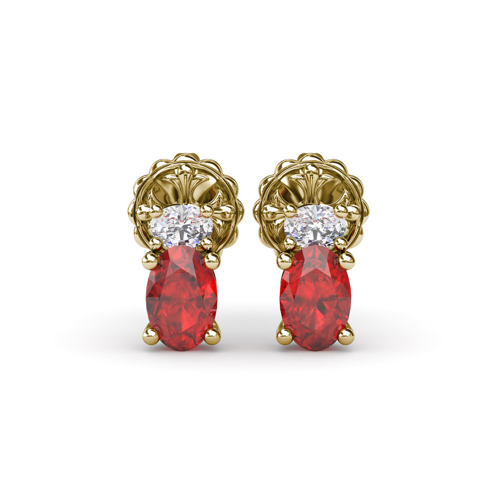 Fana 14k Yellow Gold Oval Ruby and Diamond Stud Earrings