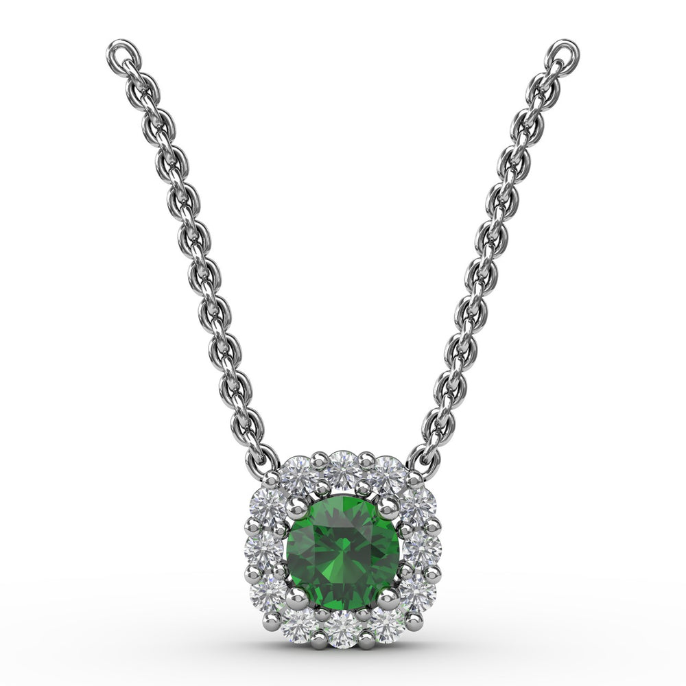 Fana 14k White Gold Classic Round Emerald and Diamond Pendant
