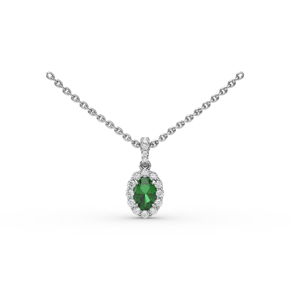 Fana 14K White Gold Emerald Diamond Halo Necklace