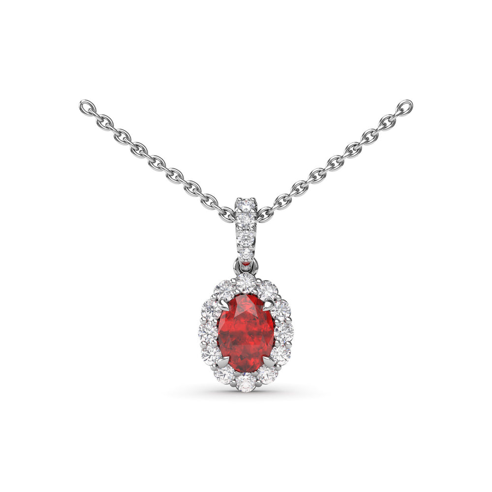 Fana 14k White Gold Ruby and Diamond Halo Necklace
