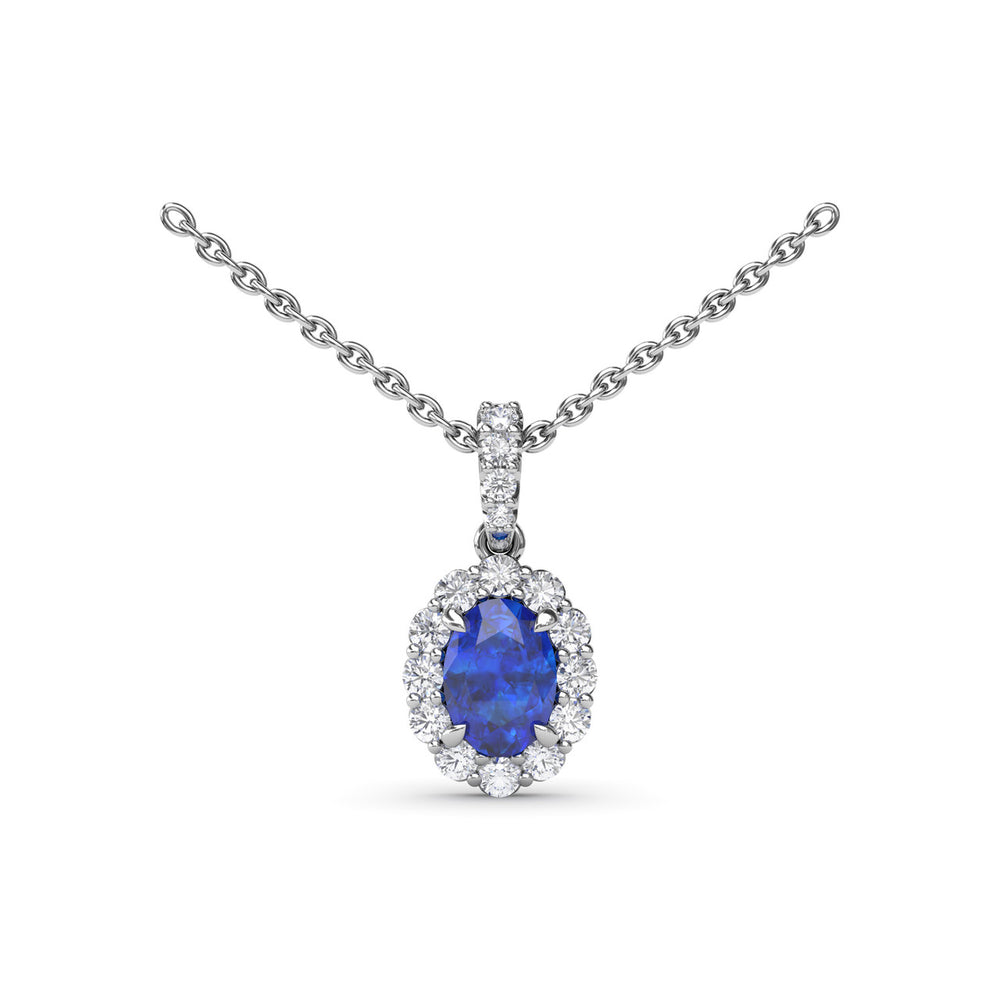 Fana 14k White Gold Sapphire and Diamond Halo Necklace