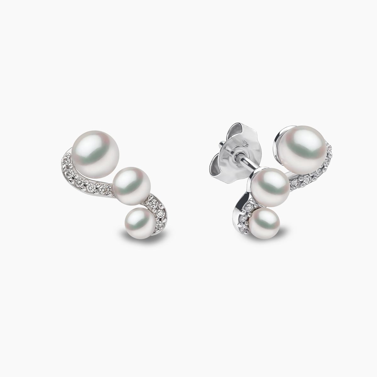 Yoko London Sleek 18k White Gold Akoya Triple Pearl and Diamond Motif Stud Earrings