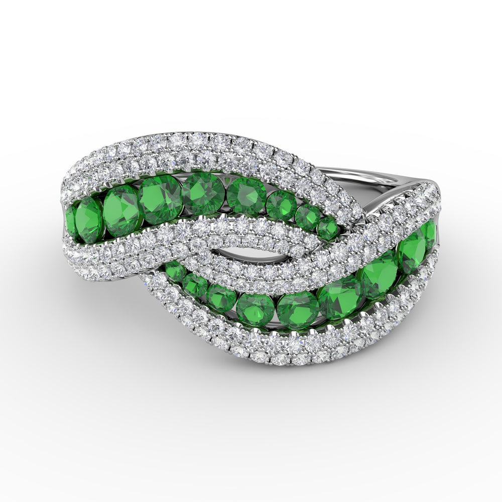 Fana 14k White Gold Intertwining Love Emerald and Diamond Ring