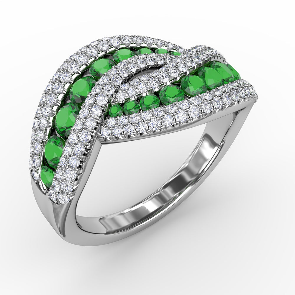 Fana 14k White Gold Intertwining Love Emerald and Diamond Ring
