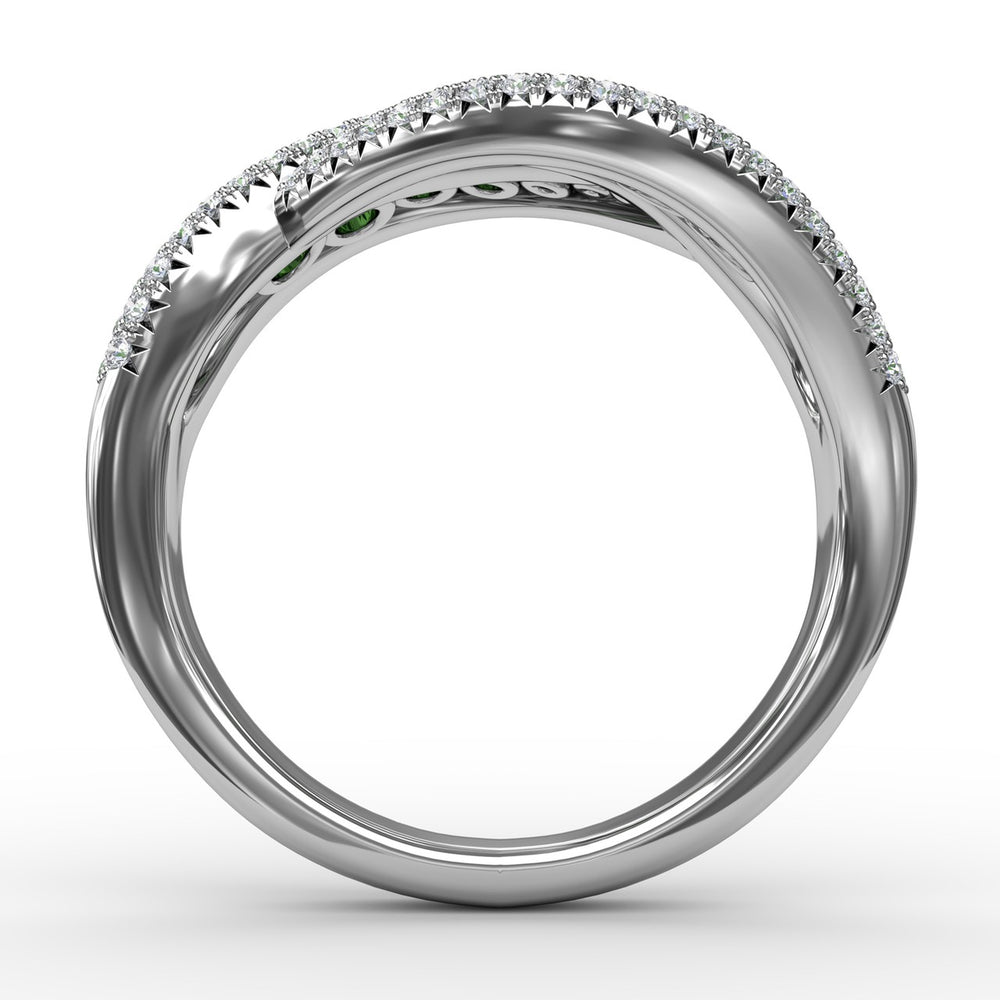 Fana 14k White Gold Intertwining Love Emerald and Diamond Ring