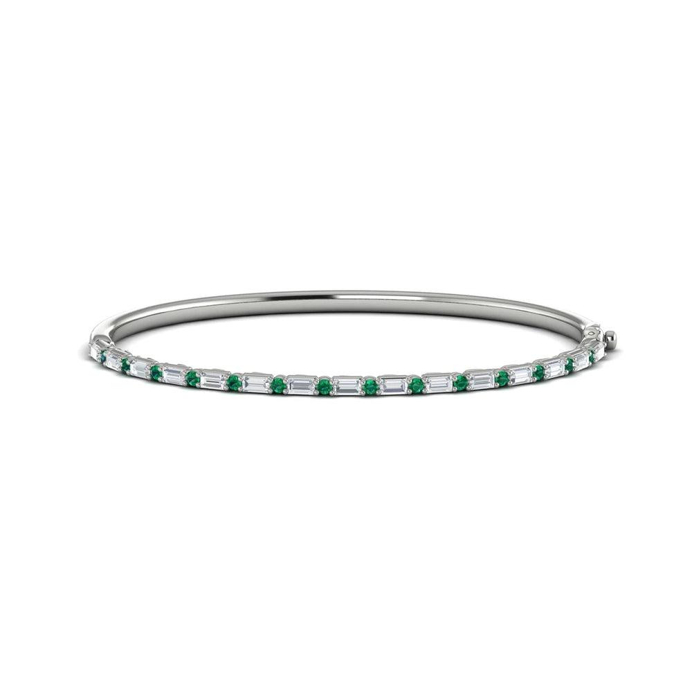 Diamond Baguette and Emerald Hinged Bangle White Gold