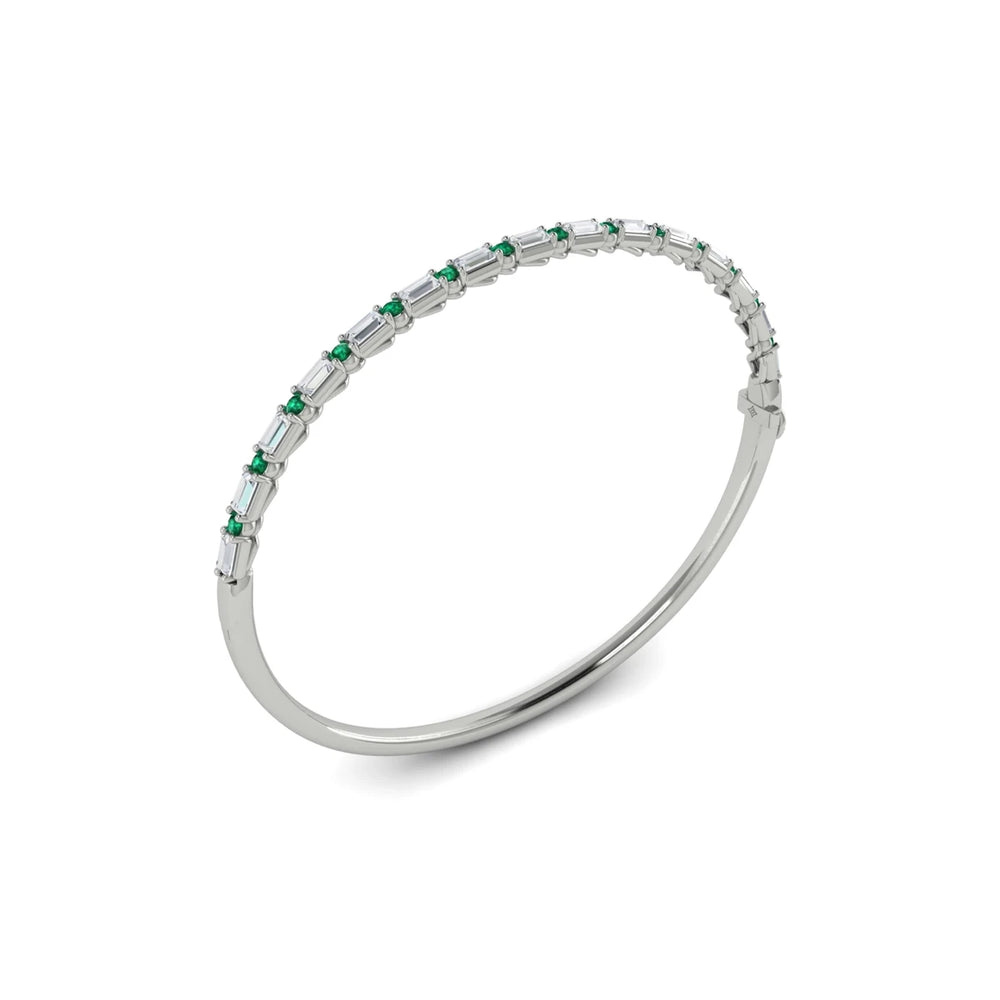 Diamond Baguette and Emerald Hinged Bangle White Gold