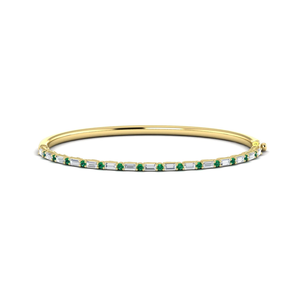 Diamond Baguette and Emerald Hinged Bangle Yellow Gold