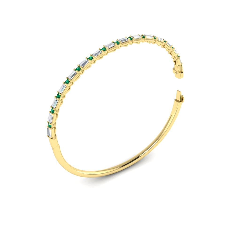 Diamond Baguette and Emerald Hinged Bangle Yellow Gold
