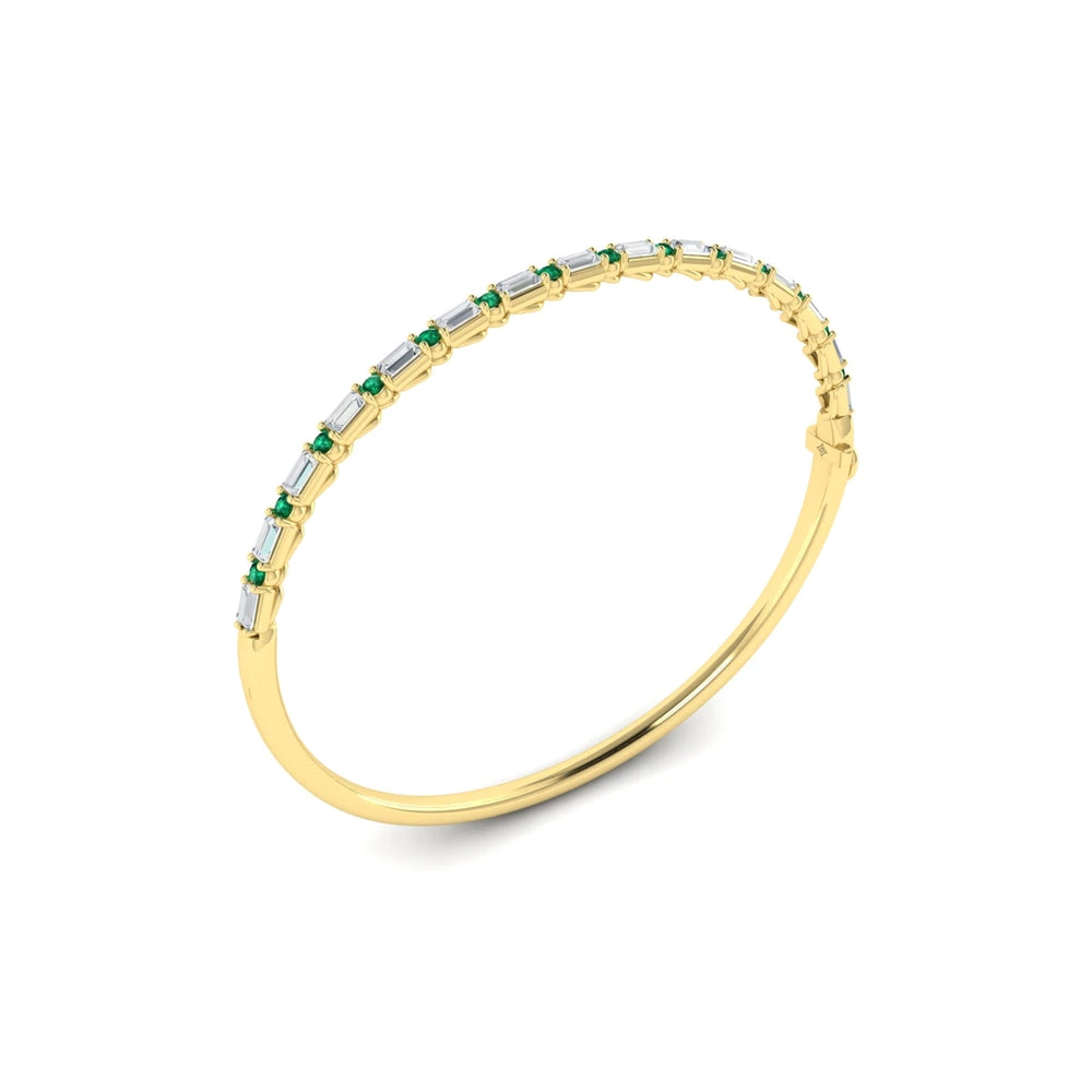 Diamond Baguette and Emerald Hinged Bangle Yellow Gold