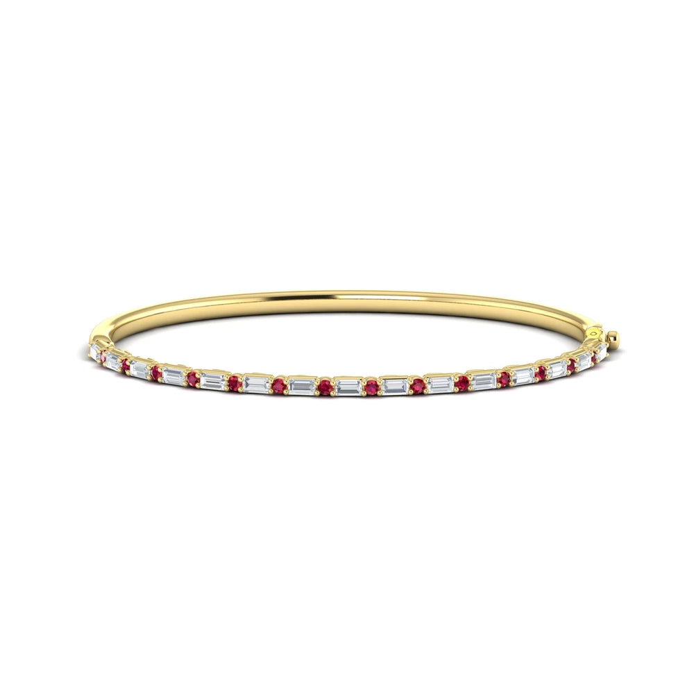 Diamond Baguette and Ruby Hinged Bangle Yellow Gold